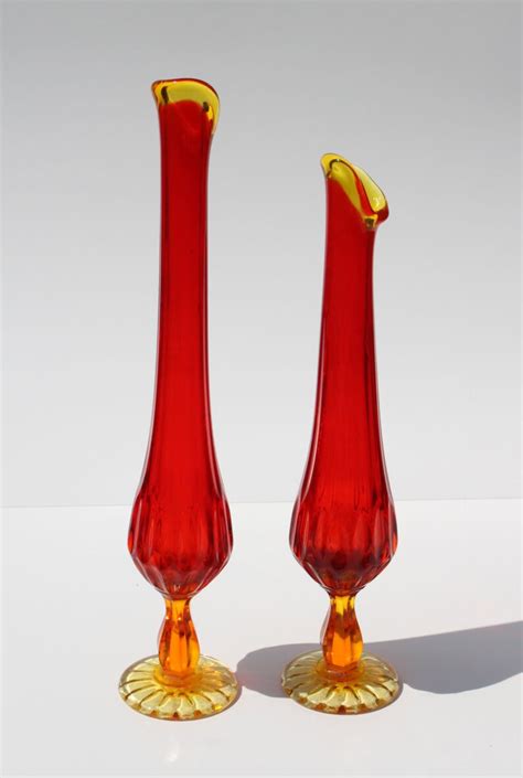 Pair Of Vintage Amberina Glass Swung Stretch Pedestal Vases Etsy