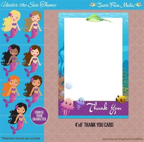 Under The Sea Birthday Thank You Card Mermaid Party Swimming