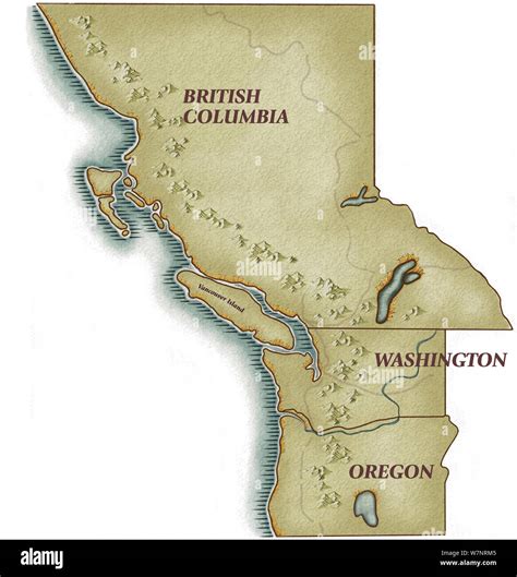 Acific Coast Map With British Columbia Canada Washington State And Oregon