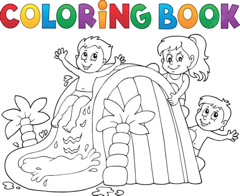 Coloring Book Kids On Water Slide 1 Vector Outline Fun Vector Vector