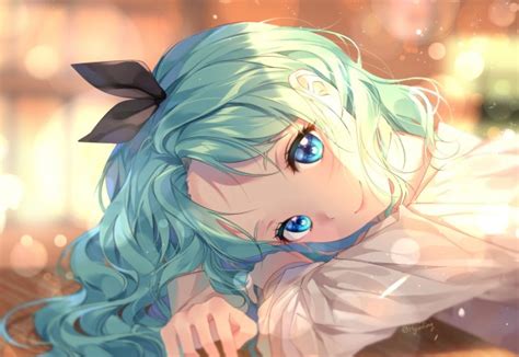 Wallpaper Anime Girl Resting Aqua Hair Cute Ribbon Blue Eyes Wallpapermaiden