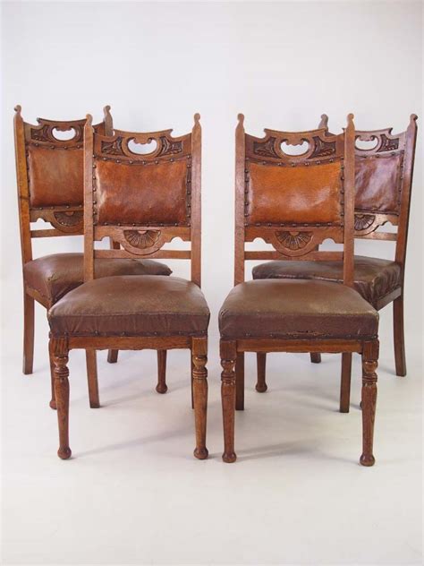 Made of solid oak with carved and turned detail to the arms, upholstered seat and back. Set 4 Antique Arts & Crafts Dining Oak Chairs for ...
