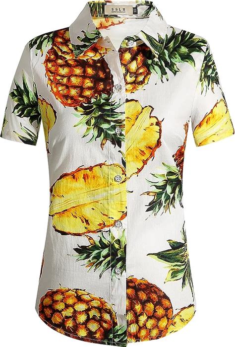 SSLR Damen Hawaiihemd Hawaii Bluse Kurzarm Baumwolle Ananas D Gedruckt Freizeit Lose Aloha
