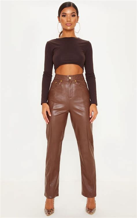 Brown Faux Leather Straight Leg Trouser Leather Trousers Outfit