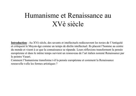 Ap 5è Humanisme Et Renaissance Au Xvè Siècle