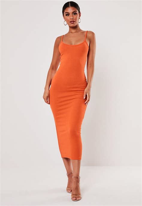 Orange Ribbed Strappy Bodycon Midi Dress Missguided