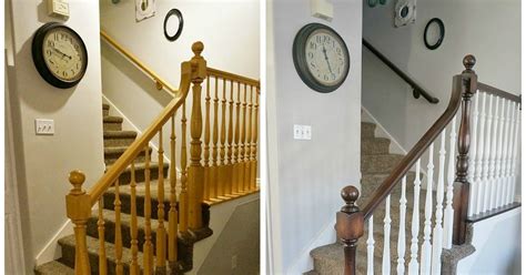 Refinishing indoor stair railings, whether painting or staining, restores beauty to a home interior. refinishing oak stair railings! | Updating house, Oak ...