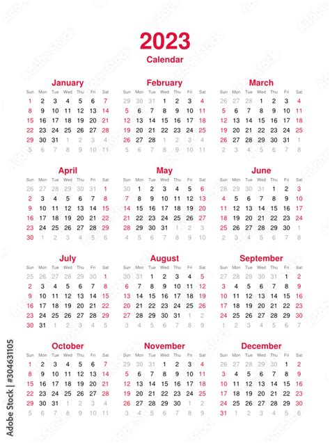 Calendar 2023 12 Months Yearly Vector Calendar In Year 2023
