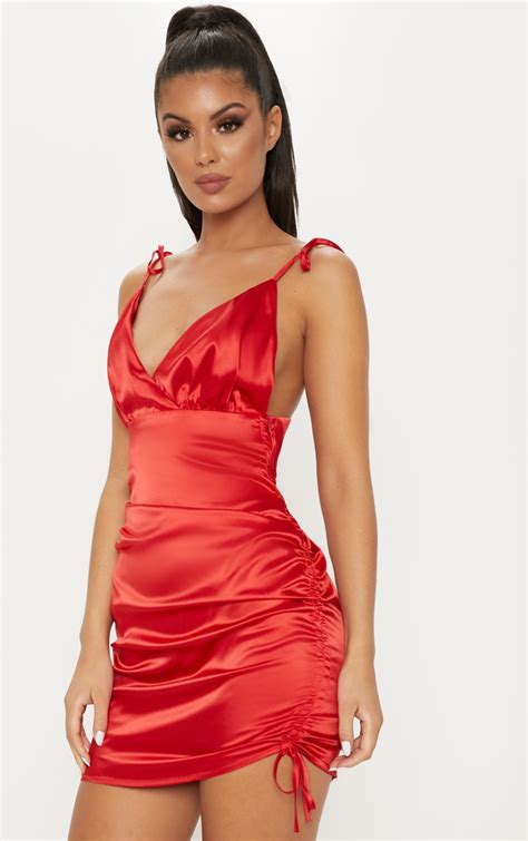 red satin strappy ruched bodycon dress prettylittlething ire