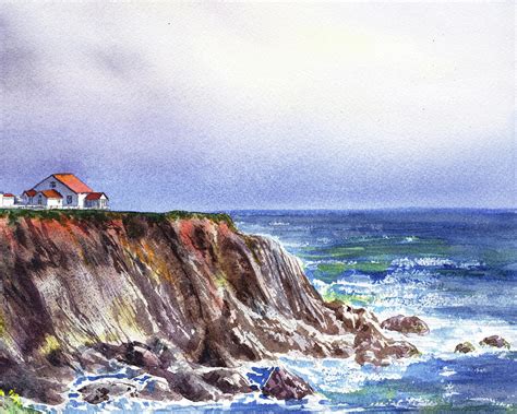 Keepers House On Rocky Cliff At The Ocean Shore Watercolor Painting By