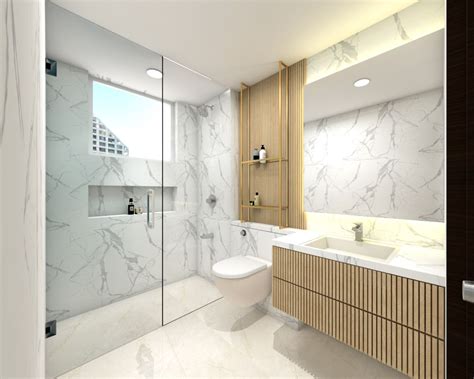 Spacious White Marble Bathroom Design With Wooden Panel 8x5 Ft Livspace