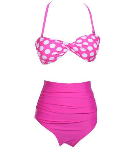 Fashion Hot Pink Wave Point High Waist Bikini Set Bk10297