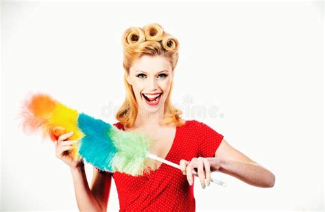 girl cleaning retro or pinup woman isolated on white cleaning lady with a pipidaster in the