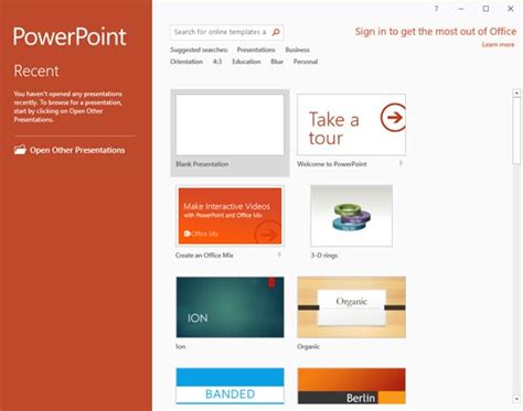 Interface in PowerPoint 2016 for Windows