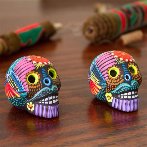 Hand Painted Ceramic Skull Figurines From Mexico Pair Day Of The