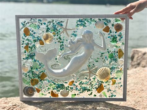 Free Shipping Large Beach Glass Coastal Mermaid Window Mixed Media Sea Glass Mosaic Glass Art