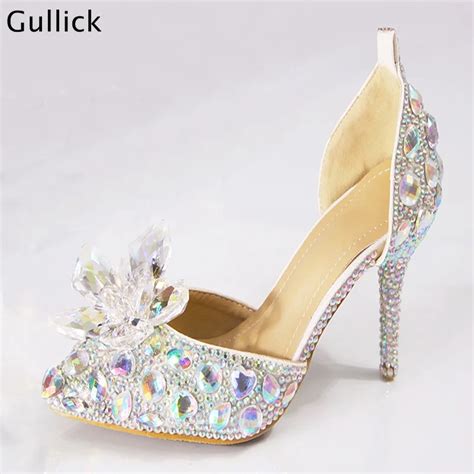 Gullick 2018 New Rhinestone Flower Decor High Heels Cinderella Shoes Women Pumps Pointed Toe