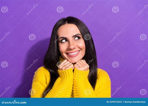 Portrait Of Gorgeous Satisfied Lady Hands Under Chin Beaming Smile Look Empty Space Isolated On