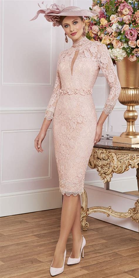 Modest Lace Keyhole Neckline Knee Length Sheathcolumn Mother Of The Bride Dress With Beaded 3d