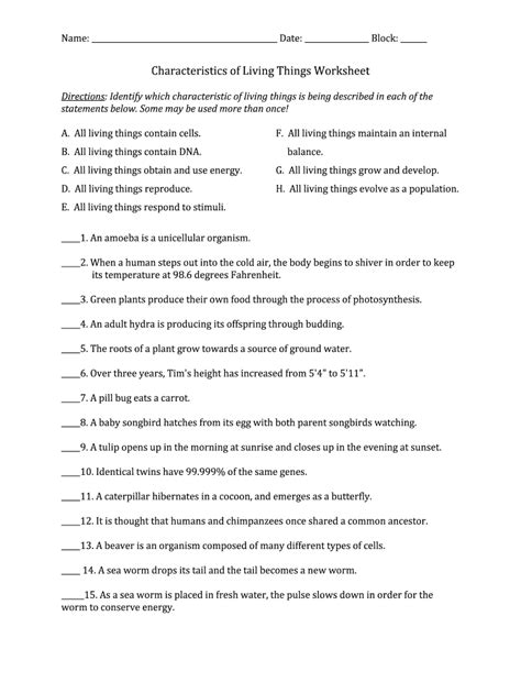 Living Things Characteristics Worksheet Fill Online Printable