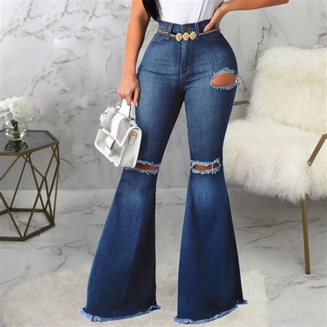 New Blue Jeans Pancil Pants Women High Waist Slim Hole Ripped Denim
