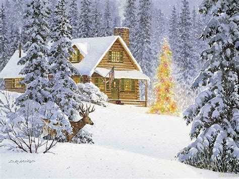 Deep In Snow Lights Cabin Christmas Tree Snow Pines Deer Winter