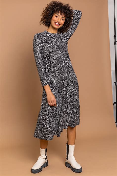 Black Spot Jersey Tiered Midi Dress Roman Uk