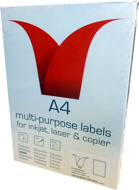 A4 Multi Purpose Label 1 Per A4 Sheet White 100 Sheets 100 Labels