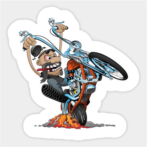 Funny Biker Riding A Chopper Popping A Wheelie Motorcycle Cartoon