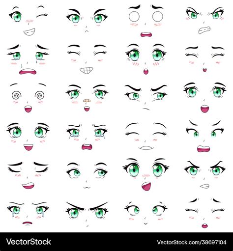 Anime Female Characters Facial Kawaii Expressions Vector Image