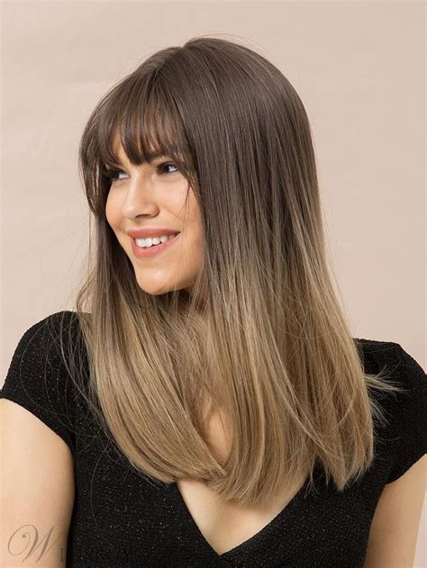 Long Bob Ombre Color Synthetic Hair Straight Wig With Bangs 20 Inches