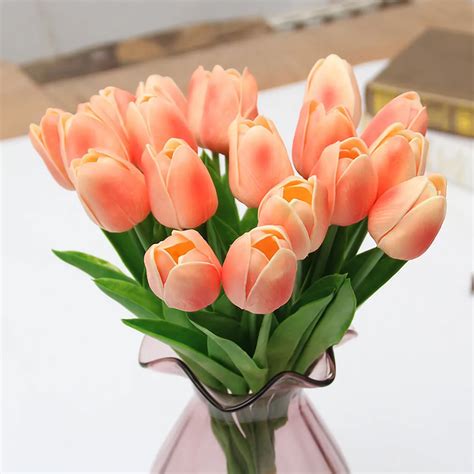 tulip flower 10pcs lot pu mini tulip flower real touch flower bouquet artificial silk flowers