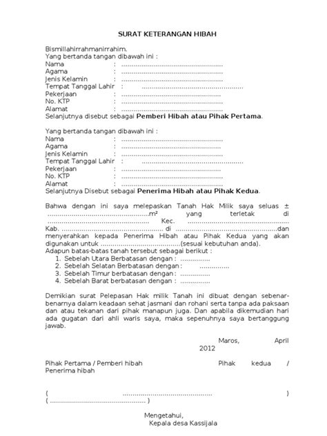 Contoh Surat hibah tanah 2019 | Kumpulan Contoh Surat Lengkap