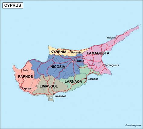 Cyprus has a largest length from west to east of 240 kilometers and a largest width from north to south of 100 kilometres. cyprus political map. Illustrator Vector Eps maps. Eps ...