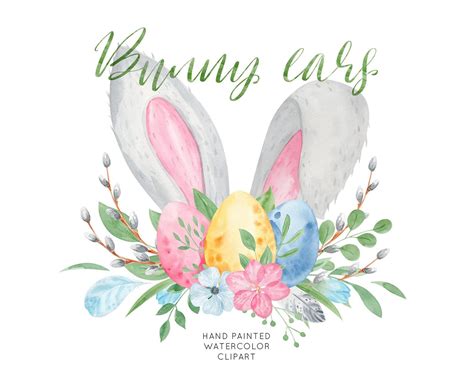 Watercolor Easter Bunny Ears Rabbits Head Easter Eggs Spring Flowers