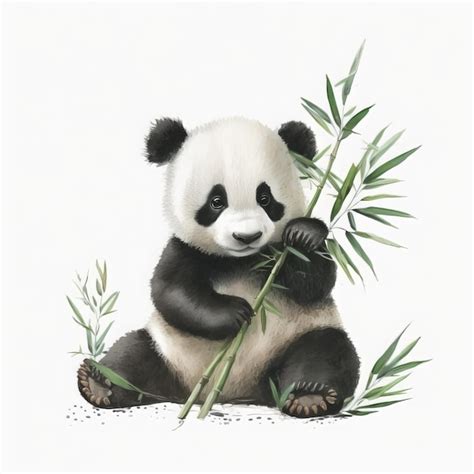 Panda Bonito Comendo Folhas De Bambu Na Pintura Em Aquarela Foto Premium
