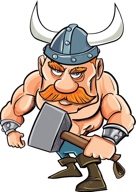 Cartoon Viking With A Big Hammer Character Shirtless Cartoon Vector