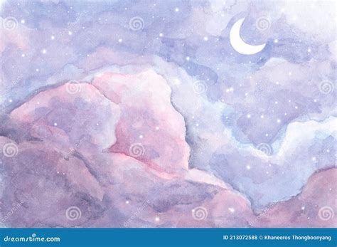 Watercolor Painting Of Moon And Clouds Background With Soft Pastel