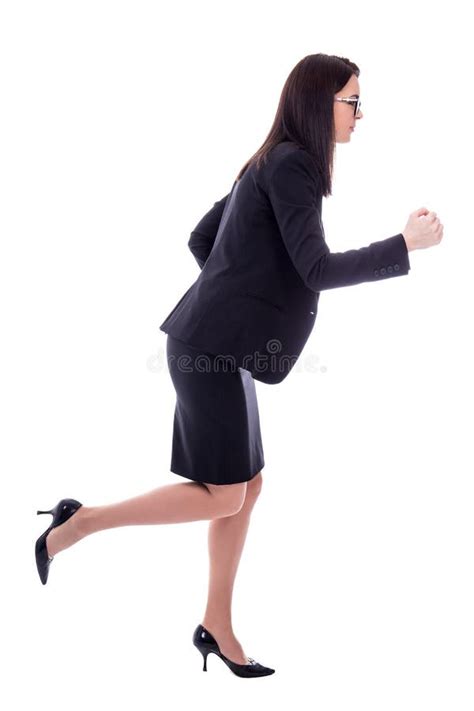 Side View Of Running Young Woman In Business Suit Isolated On Wh Stock