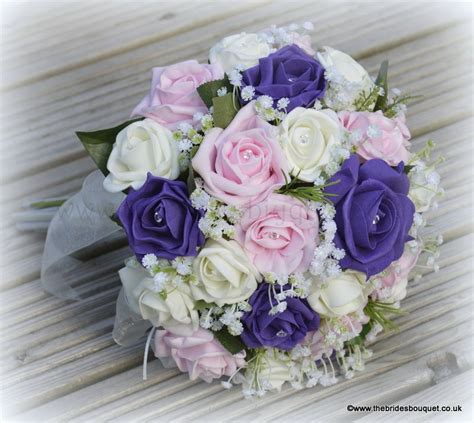 Purple Rose And Babies Breath Brides Bouquet Of Artificial Flowers