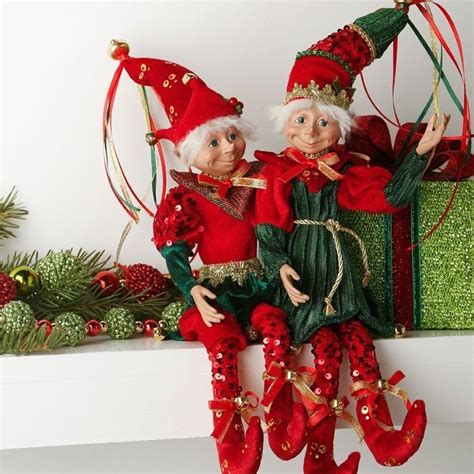 Raz Imports 19 Posable Elves Elf Ornament Set2 Red Green Sequin New