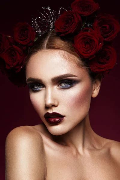 Beautiful Woman With Dramatic Makeup And Red Lips Red Flower Rose