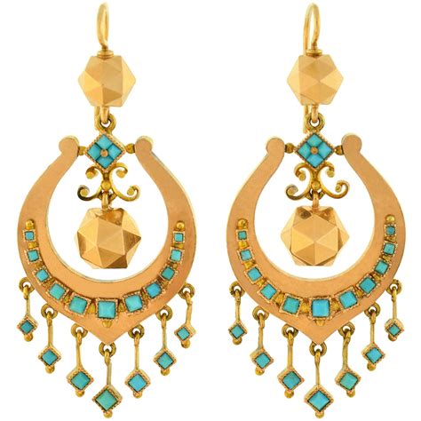 Persian Turquoise Diamond Gold Dangle Earrings For Sale At Stdibs