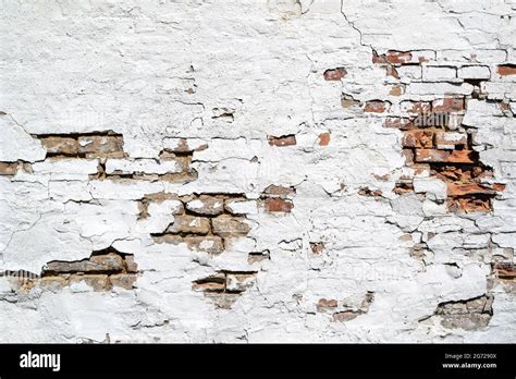 Weathered Brick Wall With Crumbling White Plaster For Background Use