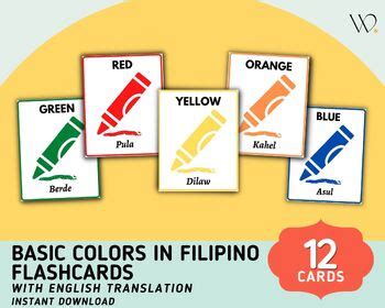 Filipino Colors 12 Cards Flashcard Printable Tagalog To English