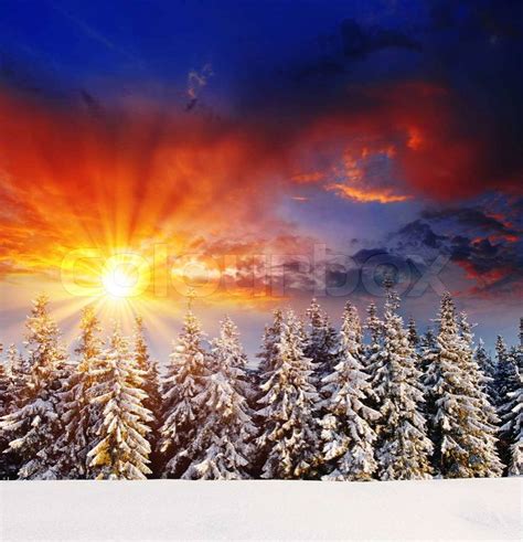Majestic Sunset In The Winter Mountains Landscape Hdr Image Stock