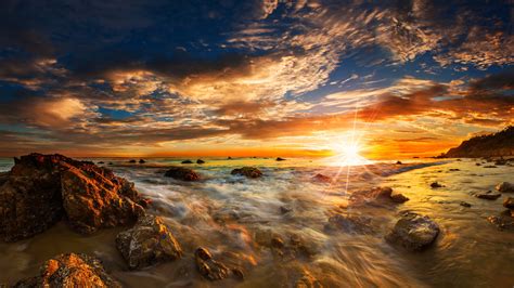 Wallpaper USA, Malibu, Matador State Beach, sea, stones, clouds, sunset ...