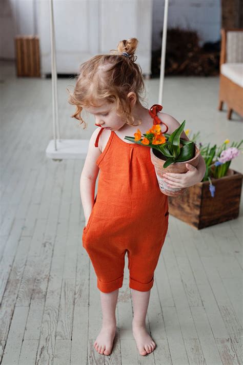 Summer Girls Outfit Orange Linen Jumpsuit Vintage Jumpsuit Etsy
