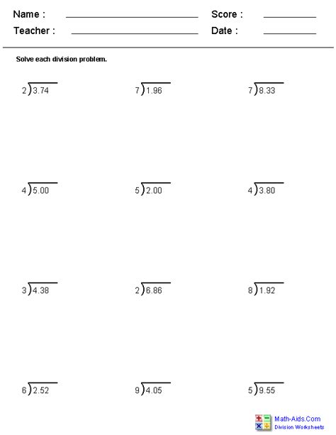 This worksheet would be really good for the students to practice huge number of decimal (fill in the blank spaces of the multiplication of a decimal by 10 or higher power of 10). Division Worksheets | Division worksheets, Multiplication ...