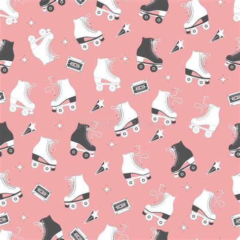 Seamless Pattern With Roller Skates And Cassette Tapes Retro Hand